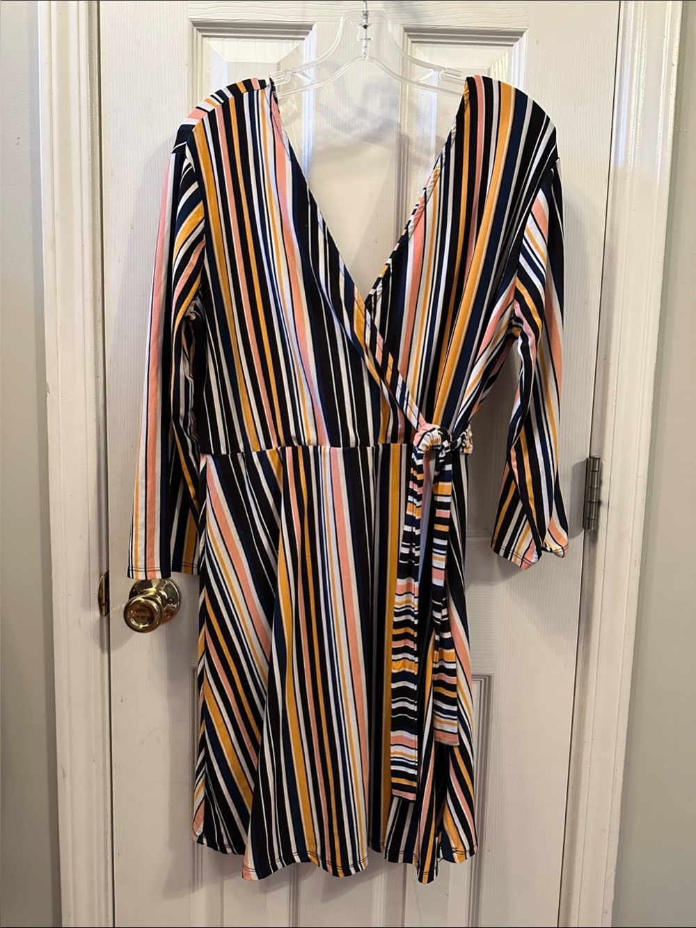 No Boundaries Striped Wrap Dress in Navy, Mustard & Pink